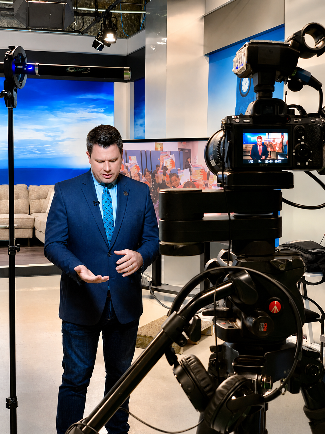 Tim Calahan preparing to speak on camera inside a television studio